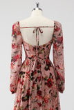 Dusty Rose Floral Corset A Line Long Sleeves Wedding Guest Dress