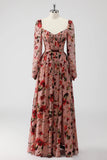 Dusty Rose Floral Corset A Line Long Sleeves Wedding Guest Dress