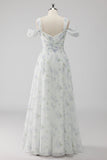 White Floral Cold Shoulder A Line Wedding Guest Dress with Slit