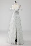 White Floral Cold Shoulder A Line Wedding Guest Dress with Slit