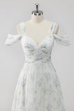 White Floral Cold Shoulder A Line Wedding Guest Dress with Slit