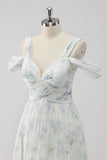 White Floral Cold Shoulder A Line Wedding Guest Dress with Slit