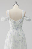 White Floral Cold Shoulder A Line Wedding Guest Dress with Slit