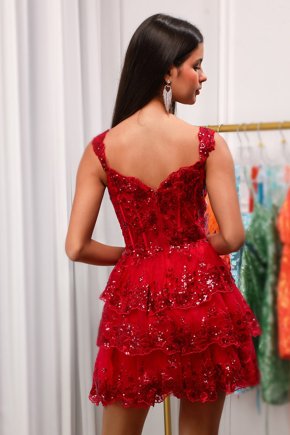 Sweetheart Red Lace Corset Tiered Short Homecoming Dress – FancyVestido