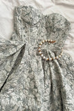 Grey Green A-Line Strapless Floral Short Homecoming Dress