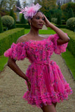 Gorgeous A Line Off the Shoulder Fuchsia Tulle Short Homecoming Dress with Short Sleeves