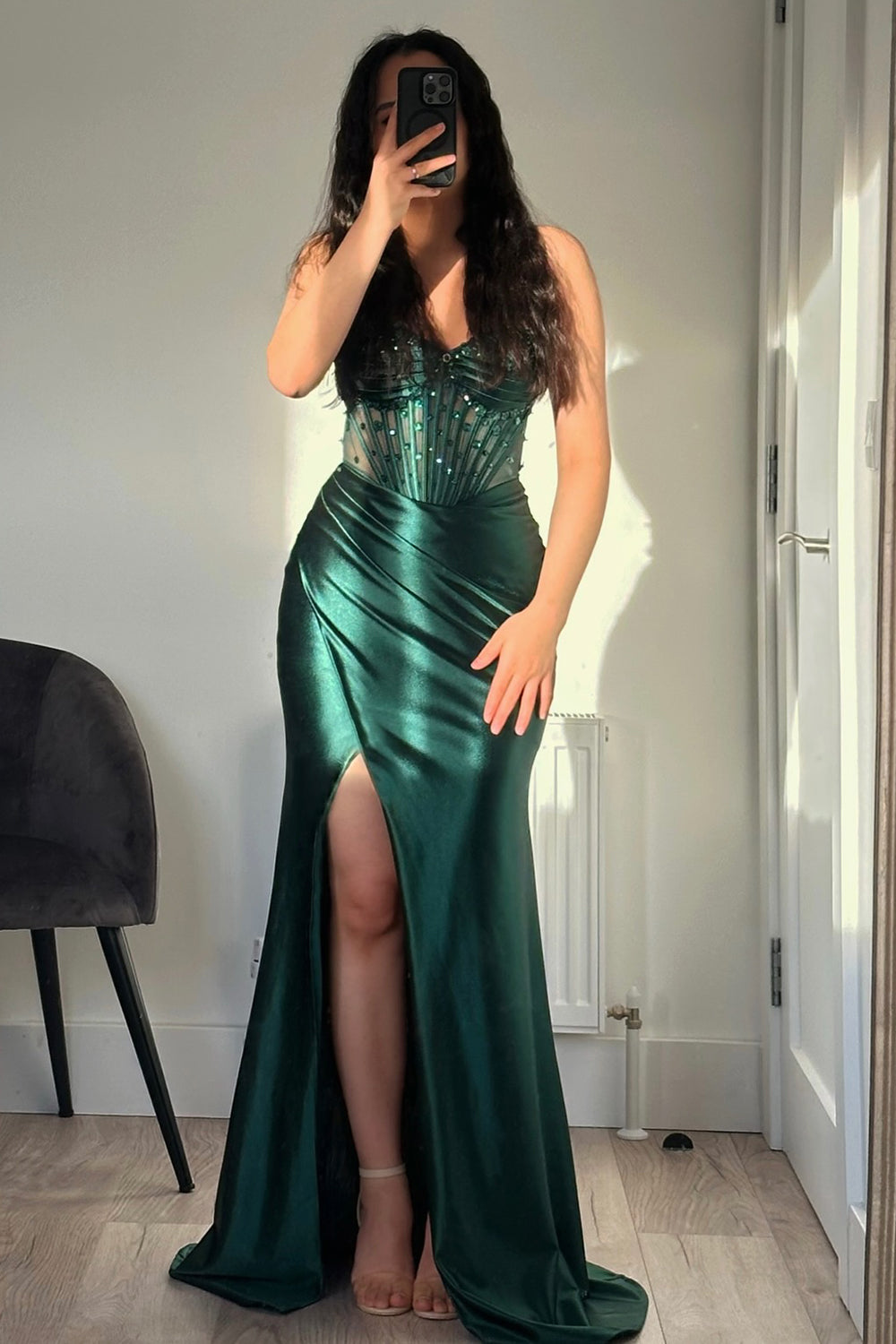 ZAPAKA Women Sparkly Dark Green Mermaid Long Prom Dress Strapless Beaded Corset Satin Evening Dress with Slit, Pink / US26W ZAPAKA Women Sparkly Dark Green Mermaid Long Prom Dress Strapless Beaded Corset Satin Evening Dress with Slit, Pink / US26W