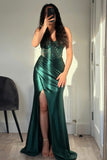 Sparkly Dark Green Mermaid Strapless Beaded Corset Long Prom Dress with Slit