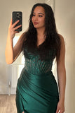 Sparkly Dark Green Mermaid Strapless Beaded Corset Long Prom Dress with Slit