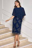 Navy Sheath Tea Length Appliqued Mother of the Bride Dress with Wrap