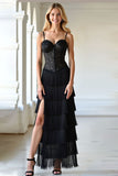 Black Corset A Line Spaghetti Straps Fringe Prom Dress With Slit
