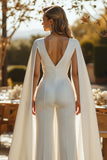 Ivory V Neck Cape Sleeve Wedding Jumpsuits