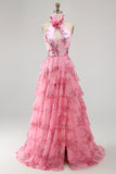 Halter Neck Blush Cut Out Chiffon Tiered Ruffled Long Prom Dress with 3D Flower