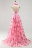 Halter Neck Blush Cut Out Chiffon Tiered Ruffled Long Prom Dress with 3D Flower
