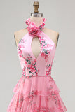 Halter Neck Blush Cut Out Chiffon Tiered Ruffled Long Prom Dress with 3D Flower