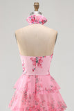 Halter Neck Blush Cut Out Chiffon Tiered Ruffled Long Prom Dress with 3D Flower