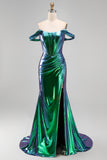 Metallic Emerald Green Off the Shoulder Mermaid Corset Ruched Long Prom Dress with Side Slit