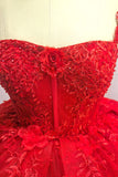 Sparkly Red Ball Gown Spaghetti Straps Beaded Quinceanera Dress with Appliques