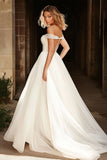 Sparkly Ivory A Line Tulle Off the Shoulder Pleated Wedding Dress