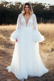 Ivory A Line V Neck Lace Tulle Wedding Dress with Long Sleeves