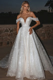 Sparkly Tulle Ivory Off the Shoulder A Line Wedding Dress