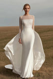 Ivory Satin Long Sleeves Sheath Wedding Dress with Beading