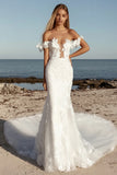 Lace Appliqued Ivory Off the Shoulder Sheath Wedding Dress