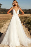 Ivory A Line Spaghetti Straps Tulle Appliqued Wedding Dress