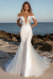 Elegant Ivory Off the Shoulder Mermaid Tulle Long Wedding Dress with Lace Applique