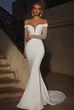 Elegant Ivory Off the Shoulder Mermaid Long Wedding Dress with Long Sleeves