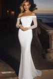 Elegant Ivory Satin Off the Shoulder Mermaid Long Wedding Dress with Long Sleeves