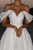 Elegant Ivory Off the Shoulder A-Line Ruched Long Wedding Dress