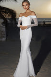 Elegant Ivory Satin Off the Shoulder Mermaid Long Wedding Dress with Long Sleeves