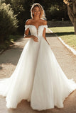 Glitter A Line Off the Shoulder Tulle Ivory Wedding Dress with Appliques