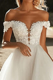 Glitter A Line Off the Shoulder Tulle Ivory Wedding Dress with Appliques