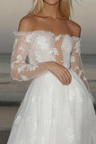 Romantic Ivory A Line Tulle Long Sleeve Wedding Dress with Lace Appliques