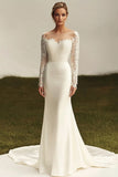 Ivory Sheath Satin Long Sleeve Lace Wedding Dress with Train