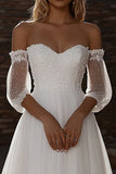 Sweetheart A Line Tulle Half Illusion Sleeve Ivory Wedding Dress