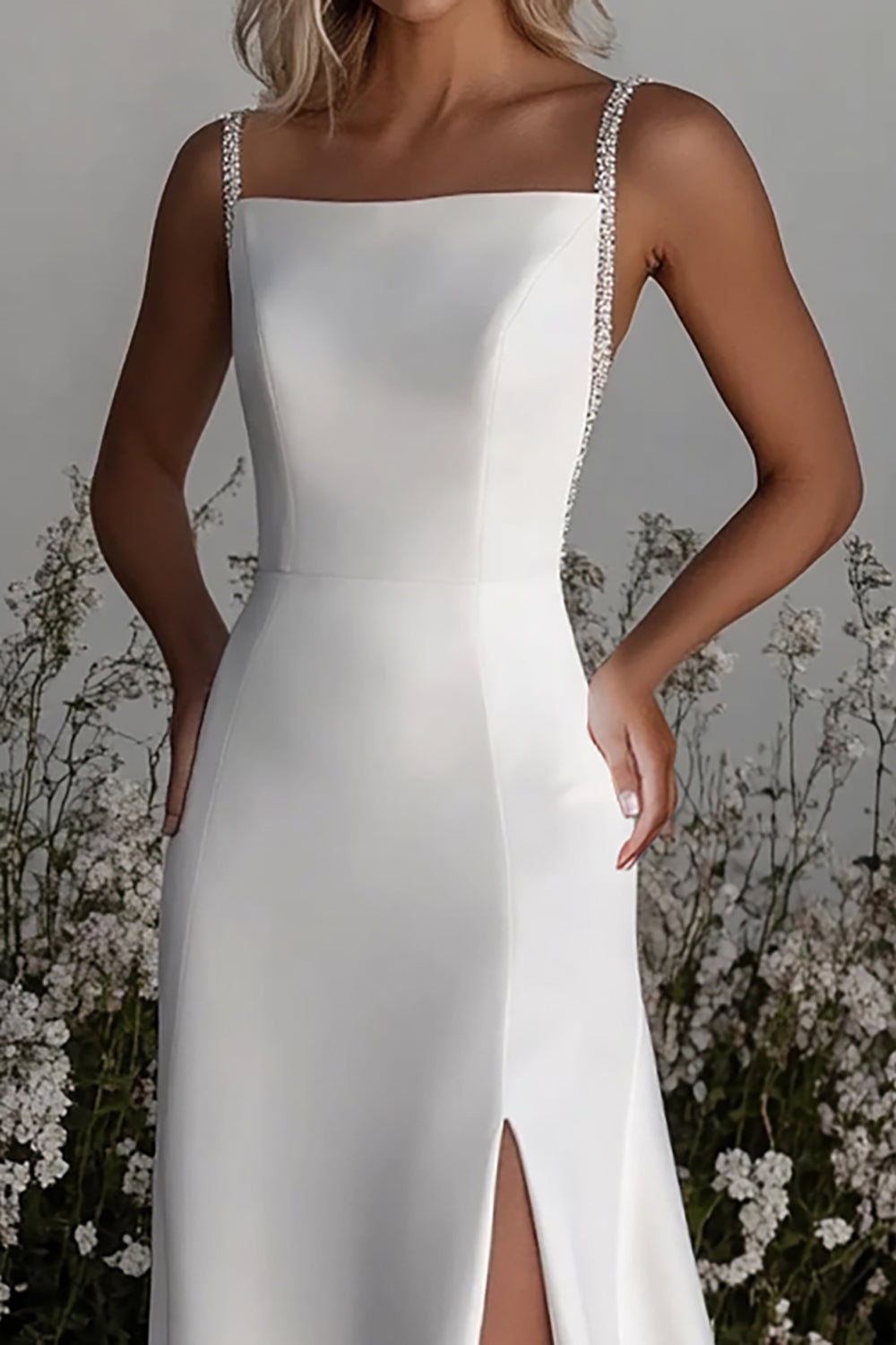 ZAPAKA Women Simple Ivory Wedding Dress with Slit Satin Sheath Beaded Spaghetti Straps Bridal Dress, Ivory / US10 ZAPAKA Women Simple Ivory Wedding Dress with Slit Satin Sheath Beaded Spaghetti Straps Bridal Dress, Ivory / US10