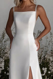 Simple Ivory Satin Sheath Wedding Dress with Slit