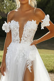 Ivory Tulle Lace A Line Wedding Dress with Appliques