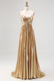Chic Gold A Line Deep-V Neck Satin Long Prom Dress