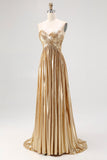 Chic Gold A Line Deep-V Neck Satin Long Prom Dress