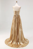 Chic Gold A Line Deep-V Neck Satin Long Prom Dress