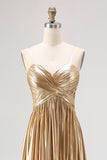 Chic Gold A Line Deep-V Neck Satin Long Prom Dress