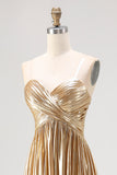 Chic Gold A Line Deep-V Neck Satin Long Prom Dress