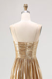 Chic Gold A Line Deep-V Neck Satin Long Prom Dress