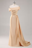 Champagne Sheath One Shoulder Pleated Long Formal Dress with Side Streamer