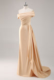 Champagne Sheath One Shoulder Pleated Long Formal Dress with Side Streamer