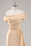 Champagne Sheath One Shoulder Pleated Long Formal Dress with Side Streamer